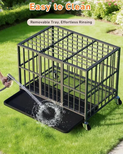 Miniatura 7 de Jaula para perros resistente de 38 pulgadas con puertas dobles y ruedas con cerradura, perrera grande para interiores, bandeja extraíble para una