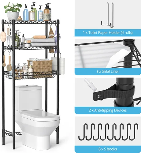 Miniatura 4 de Hodonas Estante de almacenamiento sobre el inodoro, organizador de baño ajustable con soporte para papel higiénico y 8 ganchos, 3 niveles de metal