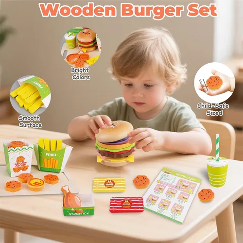 Miniatura 3 de Montessori Toys - Juego de comida de juguete para niños de 3, 4 y 5 años, cocina de madera de juego de comida rápida con hamburguesas, papas fritas