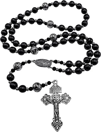Miniatura 3 de Nazareth Store Pardon Hematite - Rosario para hombre cuentas negras de acero inoxidable medalla milagrosa y cruz de nuestro padre 20 pulgadas