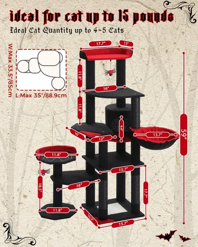 Miniatura 7 de MUTTROS Árbol gótico para gatos de 59 pulgadas con cama de ataúd, torre negra para gatos de interior con amplio condominio para gatos y hamaca