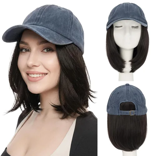Miniatura 54 de SEGO Gorra de béisbol con extensiones de cabello para mujer, resistente al calor, sintético, 6 pulgadas, ajustable, corta, recta, peluca de repuesto