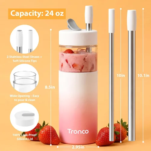 Miniatura 2 de Tronco Vaso de vidrio de 24 onzas con tapa y popote, taza de café helado, taza de batido con tapa de silicona para té Boba, hogar, oficina, viajes
