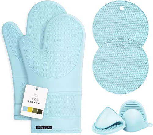 Miniatura 17 de Rorecay Juego de 6 guantes de horno y soportes para ollas para cocina, guantes de horno extralargos de silicona, resistentes al calor, 500 grados