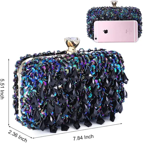 Miniatura 8 de UBORSE Bolso de noche con lentejuelas brillantes de diamantes de imitación para mujer, estilo vintage, con cuentas de cristal, para cóctel, fiesta