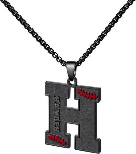 Miniatura 70 de Ldurian Collar personalizado con nombre de béisbol, cadena negra de acero inoxidable, collar con nombre deportivo, letra A-Z de 24 pulgadas, regalos