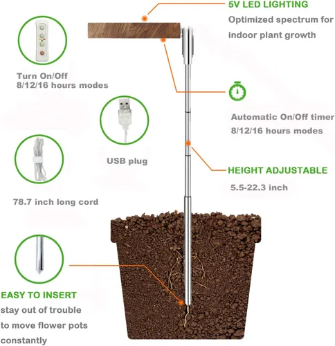 Miniatura 3 de yadoker Luz de cultivo de plantas, luz LED de espectro completo para plantas de interior, altura ajustable, temporizador automático, bajo voltaje