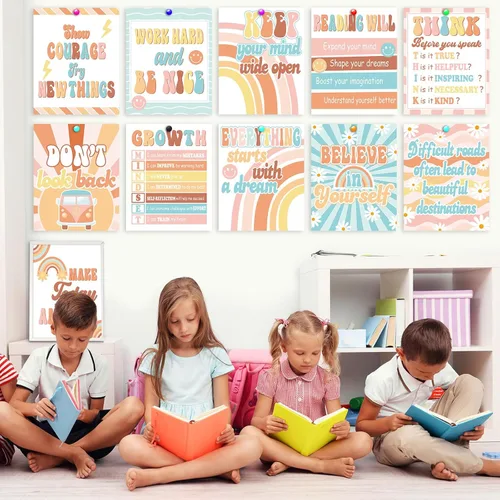 Miniatura 7 de ZOIIWA 12 pósteres retro Groovy para decoración de aula, juego de tablones de anuncios hippie, póster de regreso a la escuela, póster retro