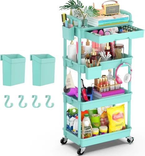 Miniatura 10 de Goovilla Organizador de carrito utilitario de 3 niveles con cajón extraíble, carritos de almacenamiento rodantes negros estables y resistentes con 2