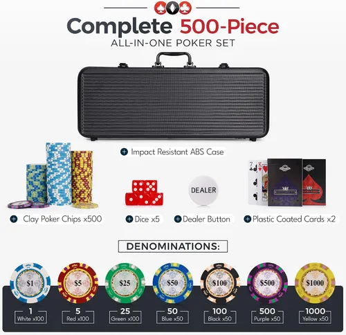 Miniatura 3 de Versa Games Juego de fichas de póquer – Fichas de póquer de grado casino de 0.48 oz, denominación de fichas de 7 colores – 2 mazos de cartas, dados