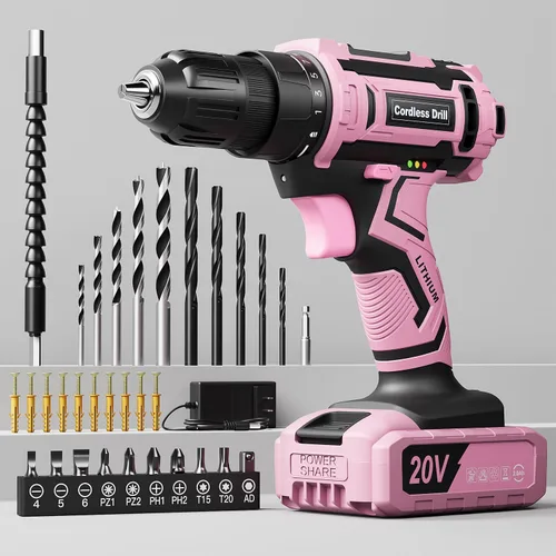 Juego de taladro inalámbrico rosa, taladro eléctrico de 20 V para mujer, destornillador eléctrico ligero con paquete de energía y cargador,