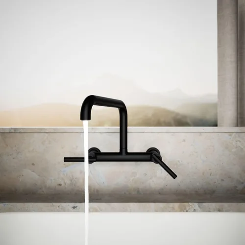 Miniatura 4 de KOHLER Purist Grifo de fregadero de cocina de dos agujeros para montaje en pared con boquilla de 13-7/8 pulgadas, negro mate