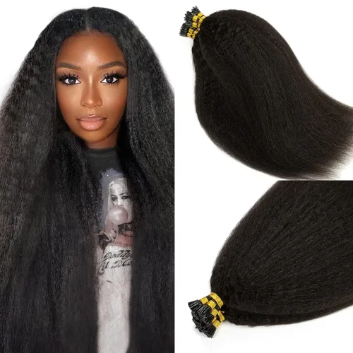 Miniatura 20 de Lacer Extensiones de cabello humano con punta en I, extensiones de cabello humano rizado lacio color negro natural, 1B de 12 pulgadas, extensiones
