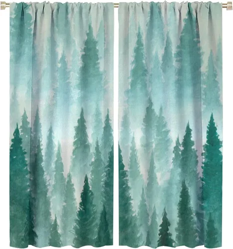 Miniatura 31 de BAEKJIN Cortinas verdes de bosque brumoso, acuarela, naturaleza, paisaje, plantas, árbol, bolsillo para barra, opacas, tratamiento de ventana