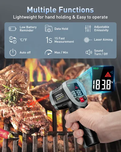 Miniatura 2 de Eventek Pistola de termómetro infrarrojo, [3 en 1] -58°F ~ 1112°F (-58.0 °F ~ 1,112.0 °F) pistola de temperatura láser digital para cocinar, horno
