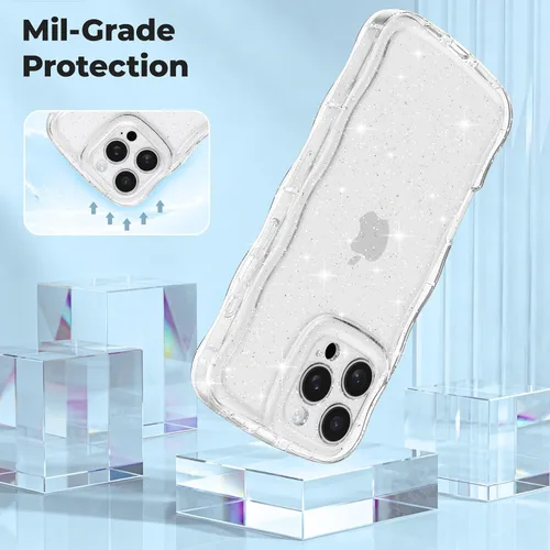 Miniatura 19 de FABSPARK Funda para iPhone 14 Pro Max, bonita funda colorida con láser, retro, exquisita, rizada, borde ondulado, protector estético de TPU suave