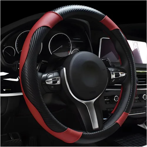 Miniatura 19 de DXNQ Funda para volante de automóvil, 15 pulgadas de fibra de carbono con costuras de piel, protector de volante de color, antideslizante, elástica