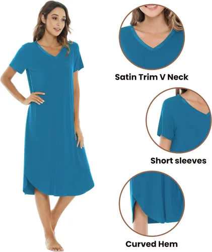 Miniatura 4 de NACHILA Camisones para mujer, viscosa hecha de bambú, cuello en V, manga corta, ropa de dormir fresca