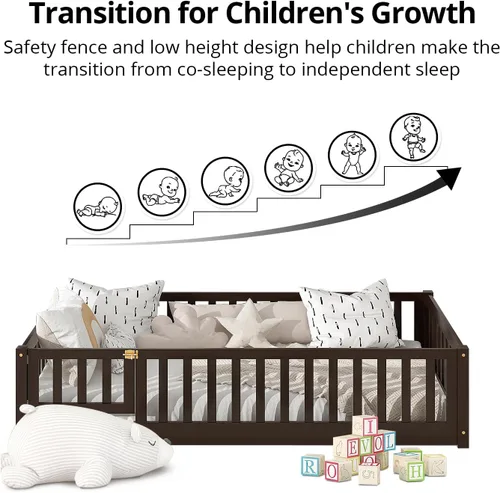 Miniatura 5 de Marco de cama Montessori de madera de tamaño individual con listones de madera, valla y puerta para niños, niñas y niños, espresso