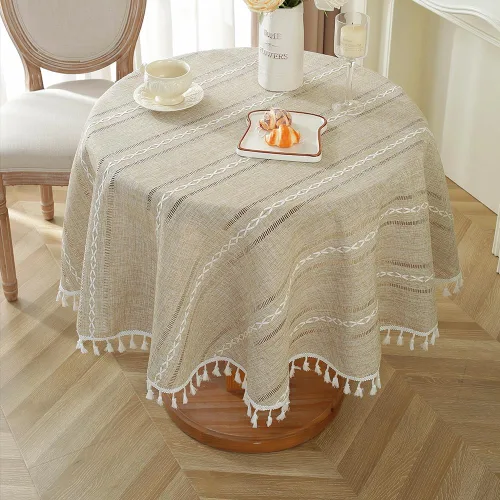 Miniatura 17 de meioro Mantel rústico, mantel rectangular de algodón texturizado de lino con borla, mantel de tela resistente para granja con bordado de rayas