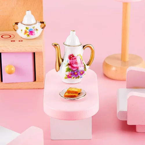 Miniatura 3 de Skylety Juego de tazas de té para casa de muñecas 1:12, accesorios de porcelana en miniatura, 8 piezas de porcelana en miniatura, diseño de flores
