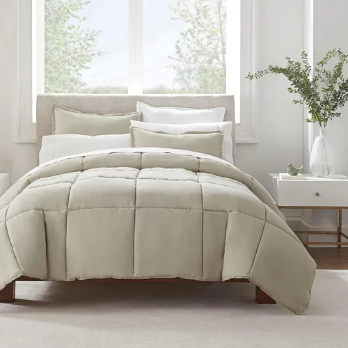 SERTA Simply Clean - Juego de edredón de 2 piezas, hipoalergénico, ultra suave, tamaño individual XL, caqui