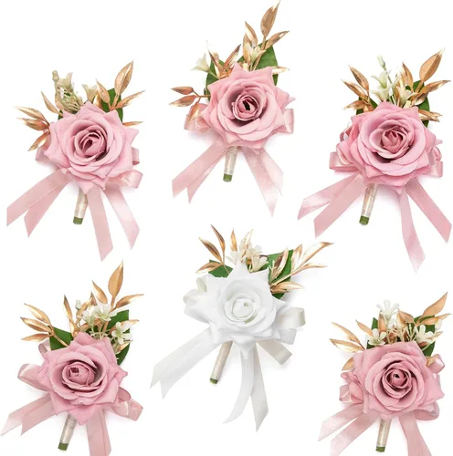 Miniatura 16 de Serwalin Conjunto de Corsage y Boutonniere Rosa, Corsage y Boutonniere de Graduación, Conjunto de Flores de Boda, Accesorios de Homecoming