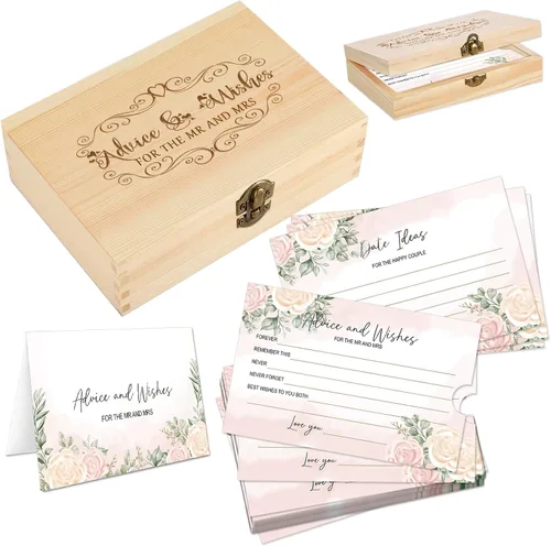 1DFAUL 60 tarjetas de consejos para la novia, consejos y deseos para el señor y la señora, tarjetas de consejos florales de madera para novia y