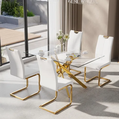 Miniatura 26 de Juego de mesa de comedor de 5 piezas para 4, mesa rectangular moderna de cristal con 4 sillas tapizadas de cuero, juegos de mesa y sillas de comedor