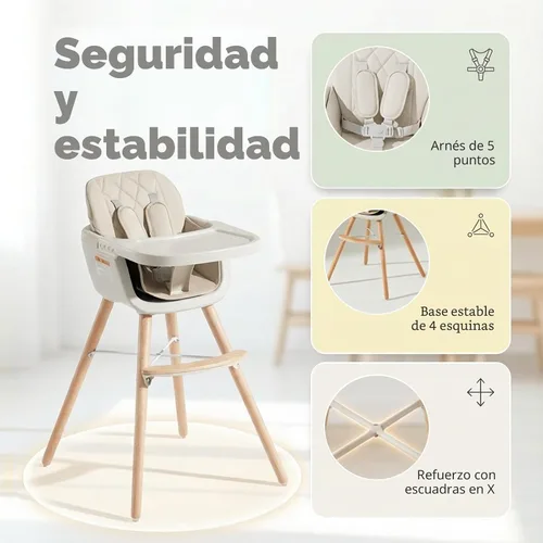 Miniatura 3 de Mallify Silla alta de madera 3 en 1, sillas altas convertibles para bebés y niños pequeños, silla alta para bebé con patas ajustables y bandeja apta