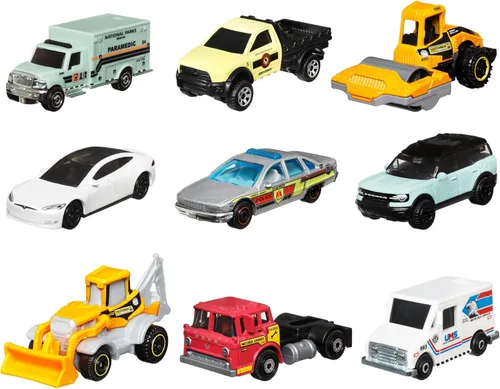 Miniatura 7 de Matchbox Paquete de 9 autos de juguete fundidos a presión a escala 1:64, camiones de construcción o basura, vehículos de rescate o aviones