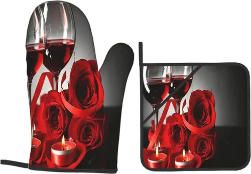 Miniatura 9 de Juego de 4 guantes de horno para copas de vino y velas de vino y soportes para ollas, juego de guantes de cocina resistentes al calor para cocina