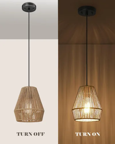 Miniatura 6 de ELYONA Luces colgantes tejidas estilo bohemio de 7 pulgadas, lámpara colgante de ratán rústico ajustable, cortina de cesta tejida a mano, accesorios