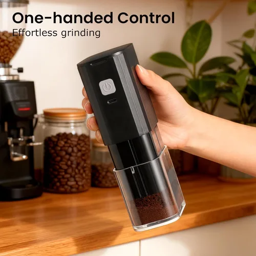 Miniatura 8 de VEVOK CHEF Molinillo de café eléctrico portátil, molinillo de grano de café cónica ajustable, molinillo de un botón con recargable por USB, parada