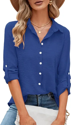 Miniatura 11 de Odosalii - Camisas con botones para mujer, con cuello en V, manga larga, enrolladas, blusas elegantes y formales para negocios y ocasiones casuales