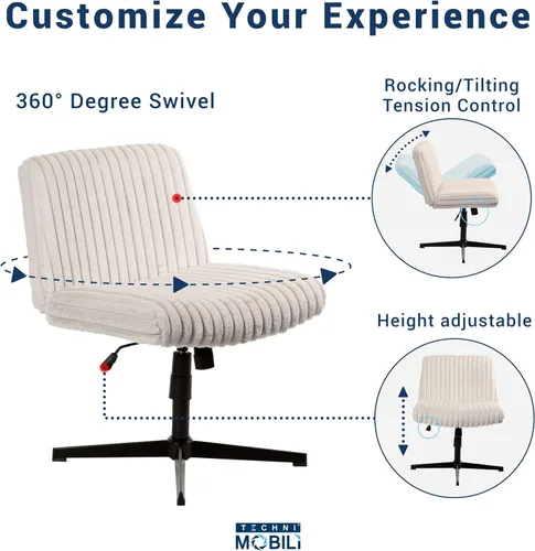 Miniatura 7 de Silla cruzada sin brazos, silla de escritorio de oficina extra ancha sin ruedas, asiento acolchado extra grande de 26 pulgadas para sentarse