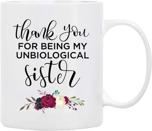 BLUE RIBBON Taza del Día de las Hermanas, con texto en inglés "Thank You FOR BEING MY UNBIOLOGICAL Sister", divertida taza de café en caja de regalo