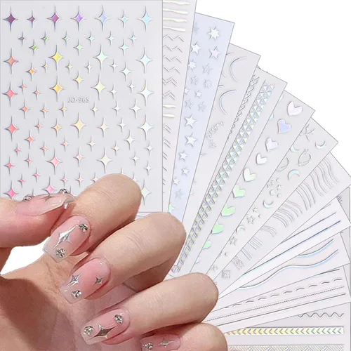 Miniatura 13 de 12 hojas de calcomanías de uñas doradas, calcomanías de uñas autoadhesivas 3D de metal con diseño de rayas geométricas onduladas, diseños de arte