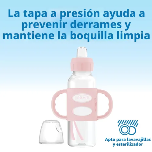 Miniatura 3 de Dr. Brown's Milestones - Botella de boquilla estrecha con 100% silicona, asas de fácil agarre y boquilla suave para sorber, 8 onzas, rosa claro