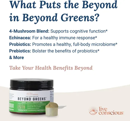 Miniatura 5 de Live Conscious Beyond Greens - Superalimento concentrado en polvo, sabor matcha con clorella, equinácea, probióticos para apoyo inmunológico