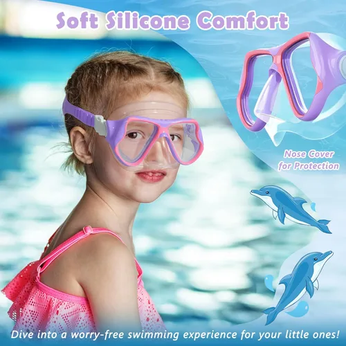 Miniatura 6 de Freela Paquete de 2 gafas de natación para niños y niñas de 3 a 14 años, lente de vidrio templado de 180° HD con cubierta de nariz para piscina