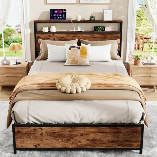 Miniatura 8 de Forestell Base de cama de tamaño matrimonial con cabecera de almacenamiento y 6 cajones, marco de cama resistente con estación de carga, luces LED