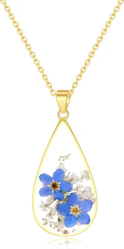 Miniatura 54 de Forget-Me-Not and Queen Anne's Lace Pressed Wildflower Necklace Birth Month Real Flower Necklace Gold/Silver Pressed Flower Jewelry