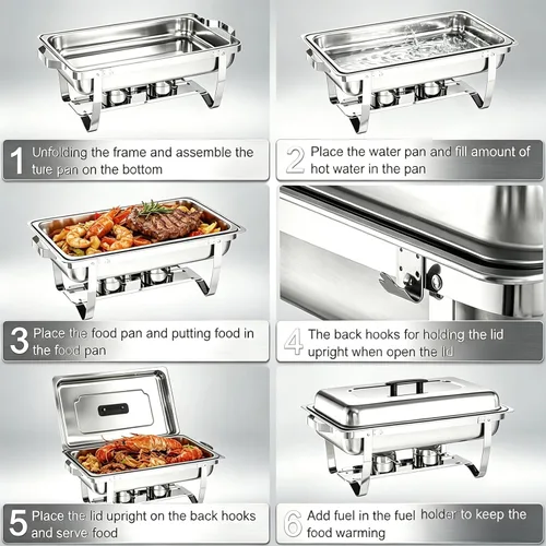 Miniatura 8 de Juego de Bandejas Calentadoras (Chafing Dish) para Buffet de 4 Piezas, Bandeja de Comida Rectangular Plegable de Acero Inoxidable de 8 Cuartos