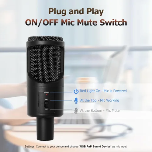Miniatura 4 de Micrófono USB para PC, micrófono de condensador de podcast con interruptor de silencio de trípode plegable para transmisión, juegos, podcasting
