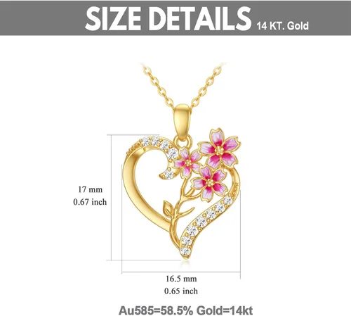 Miniatura 31 de Collar de flor de nacimiento de oro real de 14 quilates para mujer, oro amarillo creado moissanita con colgante de corazón, collares