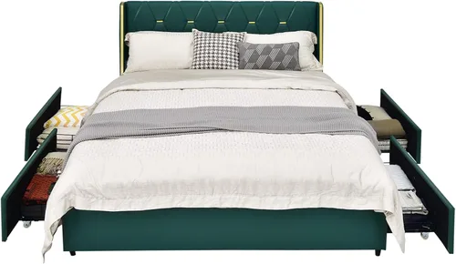 Miniatura 9 de Giantex Base de cama tapizada con 4 cajones, cama de piel sintética de tamaño matrimonial, marco de cama resistente sin ruido, fácil montaje, sin