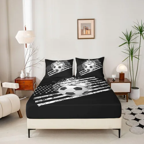 Miniatura 5 de Juego de sábanas de fútbol tamaño individual para niños y niñas, juego de sábanas de bandera estadounidense, juego de ropa de cama con bandera