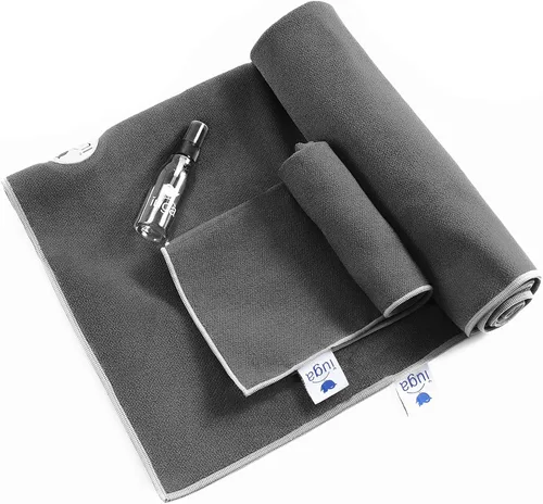 IUGA Toalla de yoga para yoga caliente, antideslizante, toalla de esterilla de yoga extra gruesa + toalla de mano 2 en 1 con bolsillos en las Gris