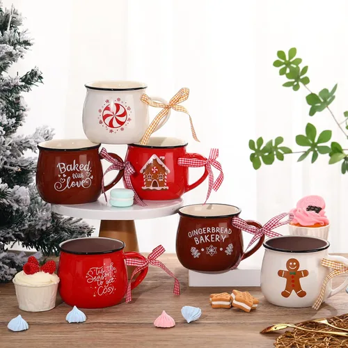 Miniatura 5 de Sawysine Juego de 6 tazas de café de Navidad, tazas de cerámica de 12 onzas, regalo de chocolate caliente para familiares, mamá, mujer, amiga, casa